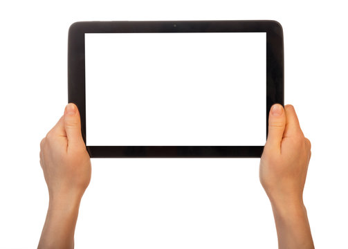 Tablet with blank screen in female hands on white