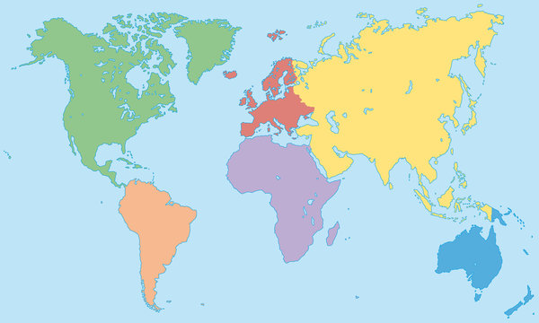 Weltkarte - Kontinente in Farbe