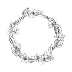 Beautiful greeting card with floral wreath. Coloring image.