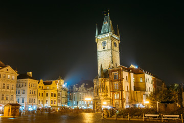 Fototapeta na wymiar Night view of the Old Town Hall in Prague, Czech Republic