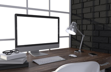Fototapeta premium 3D illustration PC screen on table in office, Workspace