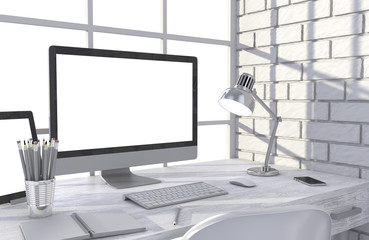 Fototapeta premium 3D illustration PC screen on table in office, Workspace