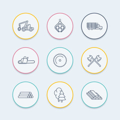 Fototapeta premium Logging, forestry, timber, tree harvester, logging truck thin line round icons, vector illustration
