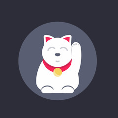 Maneki neko, japanese lucky cat round icon, vector illustration