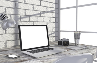 Fototapeta premium 3D illustration laptop and work stuff on table near brick wall, Workspace