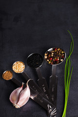 Spices in stainless steel measuring spoons and fresh herbs with copy space.