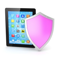 Tablet PC and shield on white device security concept