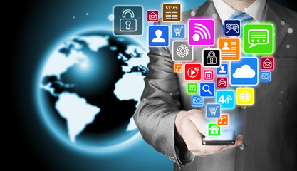 Naklejka premium Business man using smart phone with social media icon set