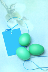 Ostereier mit Geschenk-Karte und Schleife und Weidenkätzchenzweig im Hintergrund