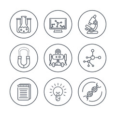 Science line icons in circles, research, laboratory, chemistry, physics, biology icon, vector illustration