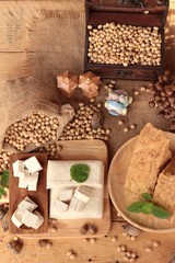 Tofu for cooking and soybean seed.