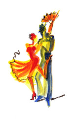 Young man and woman dancing on white background © tereks
