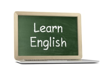 Fototapeta premium Laptop with chalkboard, learn english, online education concept