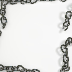 white background framed by a frame of steel chain