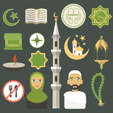 Muslim icons set. Flat style. Vector illustration.