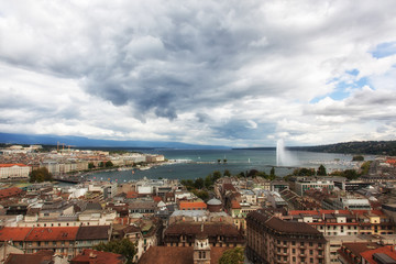 Fototapeta na wymiar Panoramic view of city of Geneva, the Leman Lake and the Water Jet, in Switzerland, Europe, aerial view
