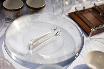 Fototapeta na wymiar Silver tongs on a glass bowl