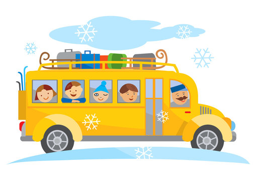 Winter School Bus School Trip Cartoon.
Cartoon Of Yellow School Bus Traveling On A Winter School Trip. Vector Available.
