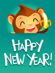 Monkey holding a Banana Celebrating Happy New Year