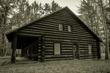 Historical Log Cabin Lodge. Cabin built by the CCC during the depression. The cabin was built by the federal government on public owned land and is not privately owned. Hartwick Pines State Park.