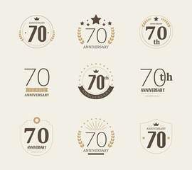 Seventy years anniversary celebration logotype. 70th anniversary logo set.