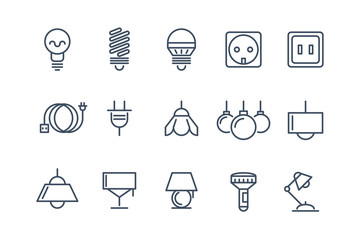 Lamp and bulbs line icons set. Electrical symbols, energy electric lightbulb, fluorescent or halogen vector illustration