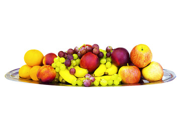 Mix of fruits on the platter. Fruits isolated on a white background. Apples and bananas, grapes, oranges, peaches. Dessert.