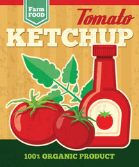 Tomato vector poster in vintage style. Vegetable fresh, ketchup natural sauce illustration