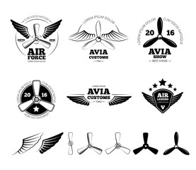 Vintage airplane labels, emblems and symbols set. Aviation stamp, wing flight, propeller vector illustration © K3Star