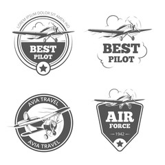 Vintage biplane and monoplane emblems set. Airplane and aircraft logos. Aviation logo, flight travel, vector illustration © K3Star