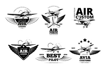 Airplane emblems vector labels. Aviation logo, flight and best pilot illustration © K3Star