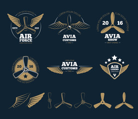Aircraft design elements and logos. Airplane propeller, emblem or insignia, stamp flight, vector illustration © K3Star