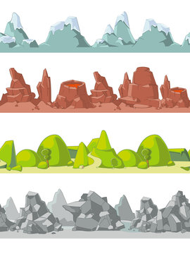 Seamless mountains set in cartoon style for game, ground and rock, vector illustration