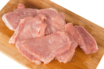 Raw piece of meat on a wooden board on a white background