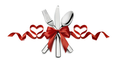 Valentine silverware red ribbon heart restaurant isolated on whi