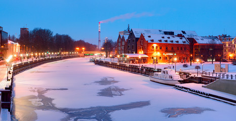 Early morning on the main city quay. Danes river canal. Port of Klaipeda city, Lithuania.