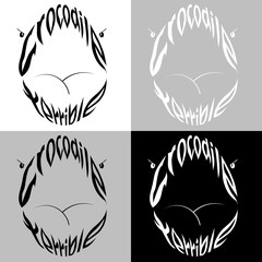 Stylized font under the teeth of a crocodile.