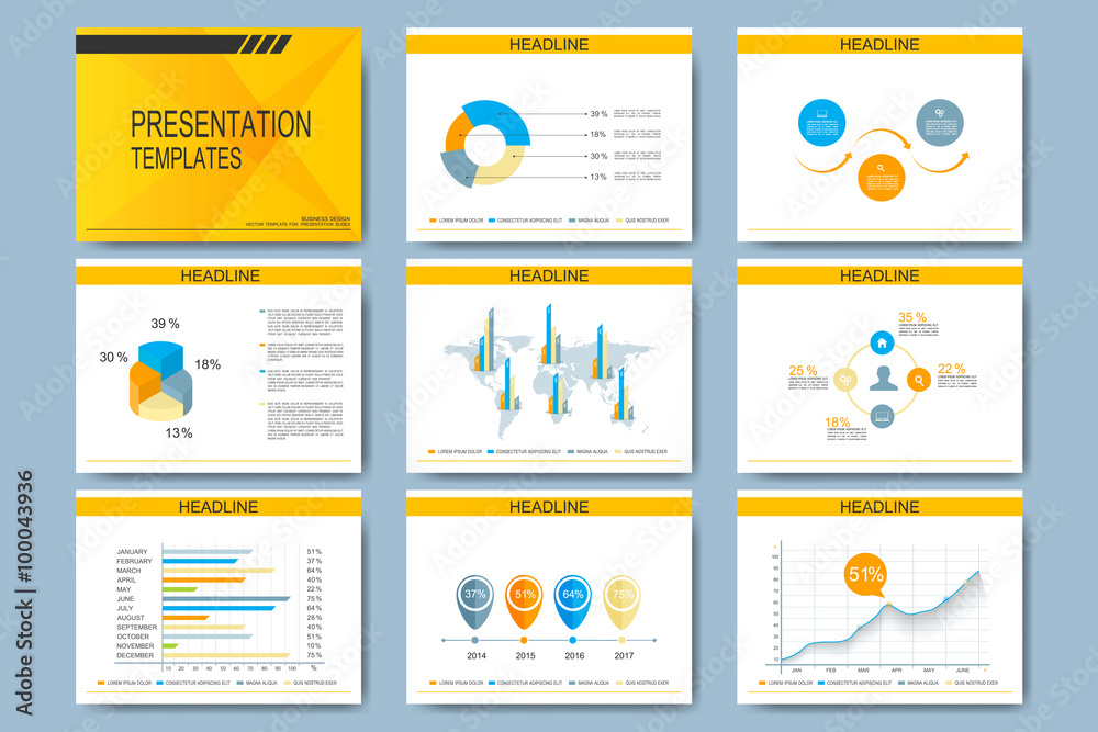 Aufkleber Set of vector templates for multipurpose presentation slides. Modern business design with graph and charts