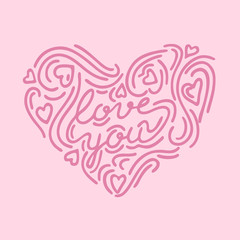 Hand drawn heart shape with lettering "Love you" in the centre of composition is great for saying about your feelings at Valentine's Day.