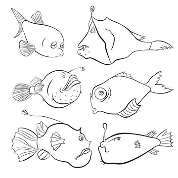Vector set of sad, tired, scared and serious deep-water fishes