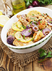 Spicy chicken in a ceramic pot