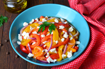 Baked Bell Pepper Salad with Red Onion and Feta Cheese, Vegetable Salad