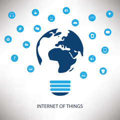 White And Blue Network Design With Earth Globe, Bulb And Different Icons - Internet Of Things Concept