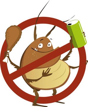 Funny cartoon cockroach with a soda drink and a drumstick in a stop sign, EPS 8 vector illustration