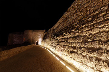 Entrance and illuminated walls of Bahrain fort