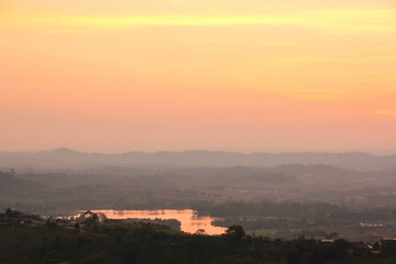 Rattanai reservoir with the light of sunset in the evening at Phetchabun province, Thailand