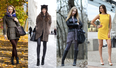 Collage of four different models in fashionable clothes for the