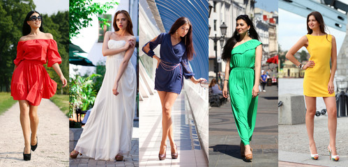 Collage of five beautiful models in colored summer dresses