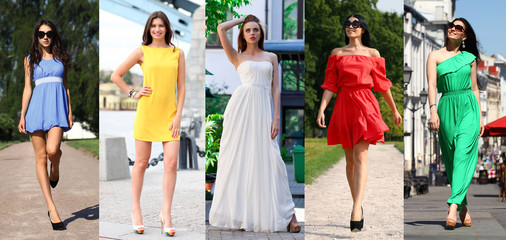 Fototapeta premium Collage of five beautiful models in colored summer dresses