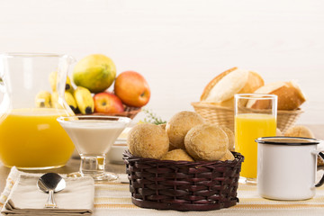 Brazilian cheese buns . Table cafe in the morning with cheese bread.
